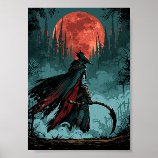 Dark Fantasy Hunter with Scythe and Red Moon Poster