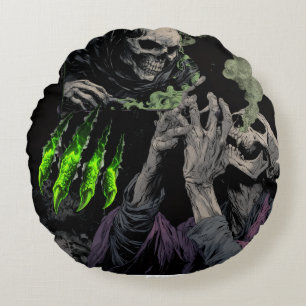 Dark Fantasy Skeletal Reaper & Acid Green Energy  Round Pillow