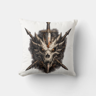 Dark Fantasy Skull Sword Warrior Emblem Throw Pillow