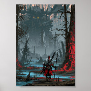Dark Fantasy Swamp Warrior Facing a Giant Beast Poster