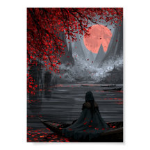 Dark Fantasy Traveller in a Boat Under Red Moon