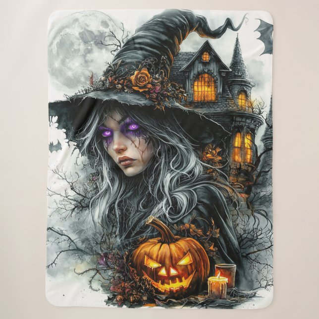 Dark Fantasy Witch & Jack-o'-Lantern Cozy  Sherpa Blanket (Front)
