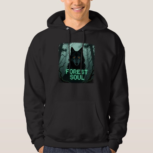 Dark Fantasy Wolf "Forest Soul" Pixel Glow Hoodie (Front)
