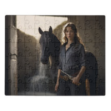 Dark Fantasy Woman and Black Horse Waterfall Puzzl