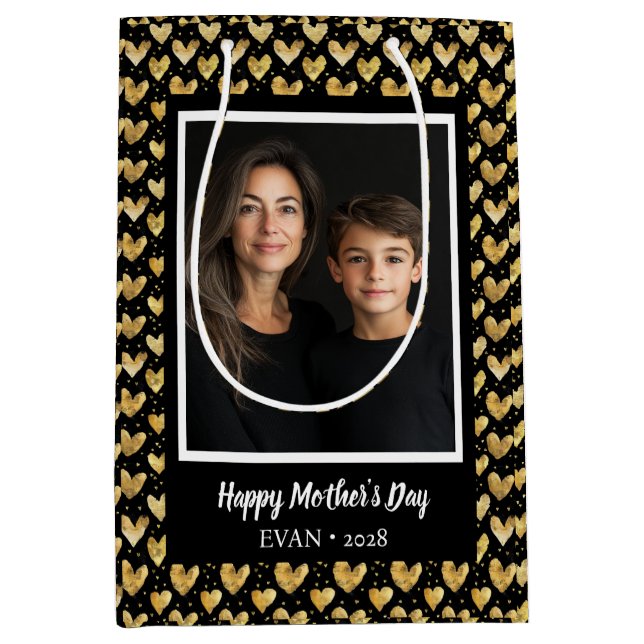 Dark Faux Golden Foil Hearts Mother's Day Medium Gift Bag (Front)