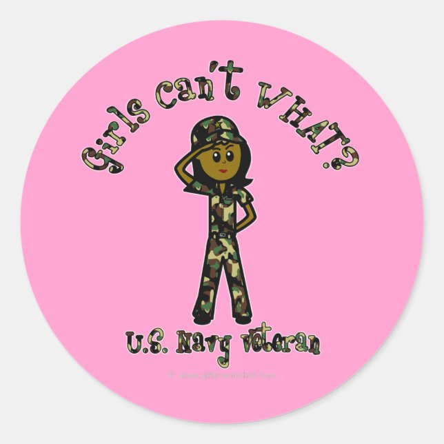 Dark Female Navy Veteran Classic Round Sticker (Front)