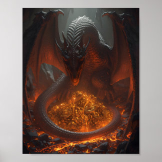 Dark Fire Dragon Guarding Treasure – Fantasy Art Poster