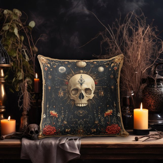 Dark Floral and Skull Design Throw Pillow (Creator Uploaded)