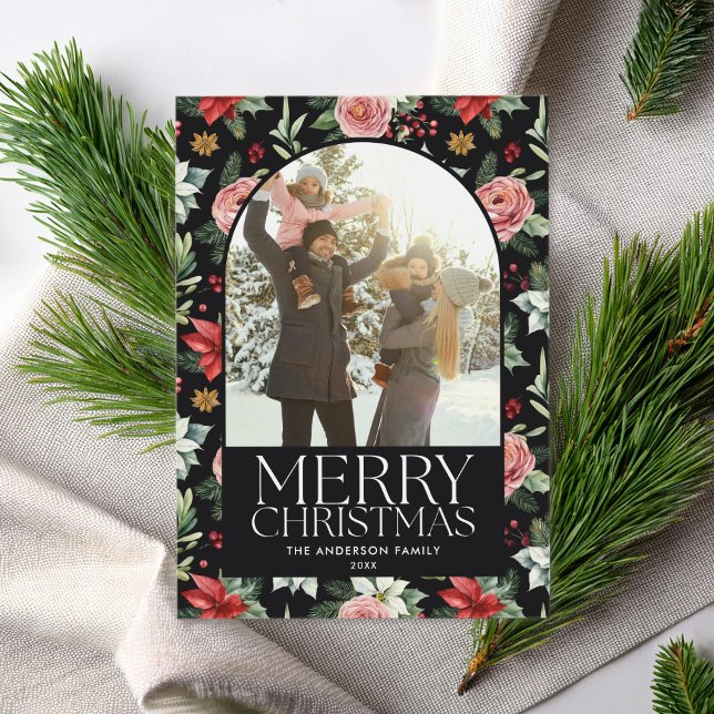 Dark Floral Arch Photo Frame Merry Christmas Holiday Card (Creator Uploaded)