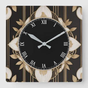 Dark Floral Art Deco Clock in Black White and Gold