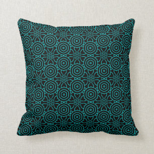Dark Floral batik turquoise arabesque pattern Throw Pillow