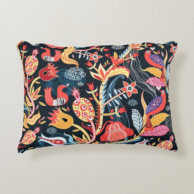 Dark Floral Birds: Ornamental Pattern. Accent Pillow (Front)