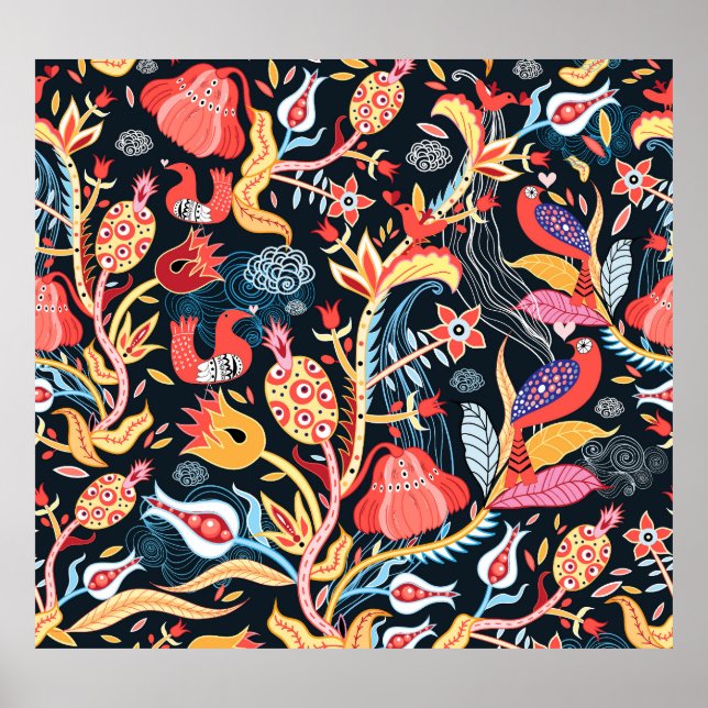 Dark Floral Birds: Ornamental Pattern. Poster (Front)