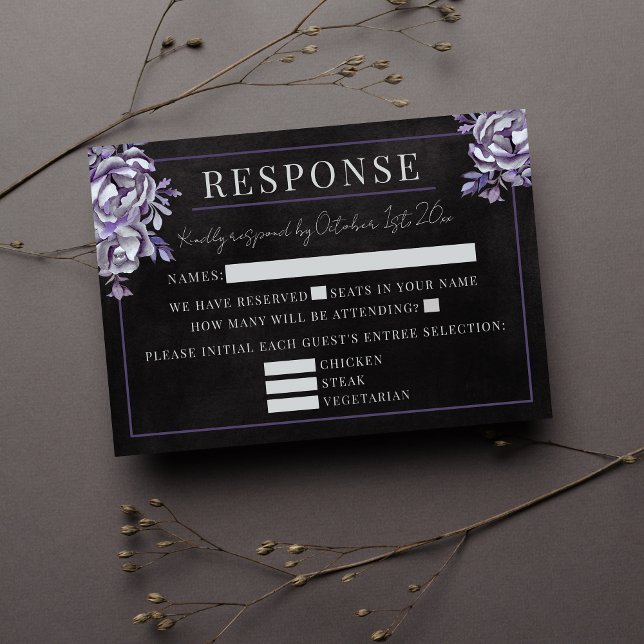 Dark Floral Black Gothic Purple Halloween Wedding RSVP Card (Creator Uploaded)