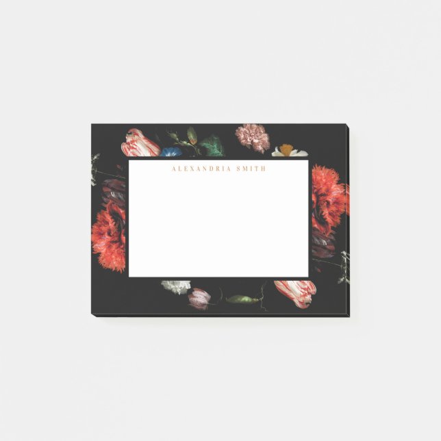 Dark Floral Black Personalized Post-it Notes (Front)