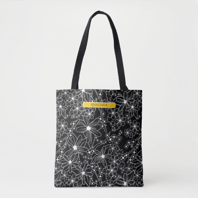 Dark Floral Black White Pattern Yellow Name  Tote Bag (Front)