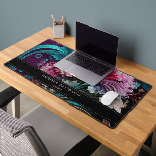Dark Floral Bloom Teal Purple Watercolor Desk Mat