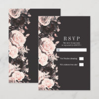 Dark Floral Blush Pink Charcoal Black Wedding RSVP
