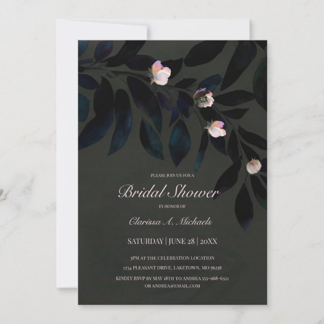 Dark Floral Boho Grey Gothic Leaves Bridal Shower Invitation (Front)
