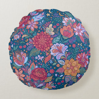 Dark Floral Botanical Pattern with Vintage Moody G Round Pillow