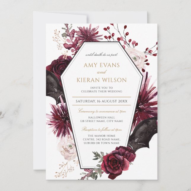 Dark Floral Burgundy & Black Halloween Wedding  Invitation (Front)