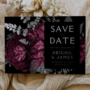 Dark Floral Burgundy Silver Wedding Save the Date