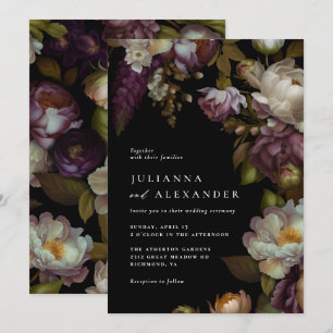 Dark Floral   Elegant Moody Modern Black Wedding Invitation