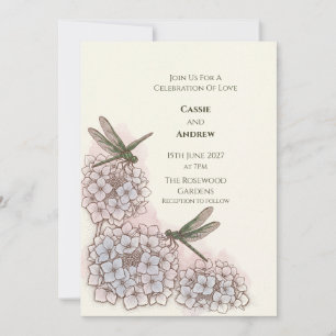 Dark Floral Emerald Dragonfly and Hydrangea Invitation