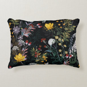 Dark Floral Garden: Blooming Night Pattern Accent Pillow