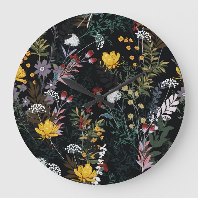 Dark Floral Garden: Blooming Night Pattern Large Clock (Front)