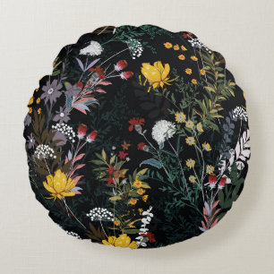 Dark Floral Garden: Blooming Night Pattern Round Pillow
