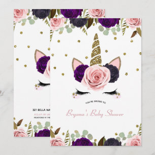 Dark Floral Glam Gold Glitter Unicorn Baby Shower Invitation