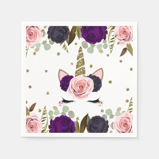 Dark Floral Glam Gold Glitter Unicorn Birthday Napkin (Front)
