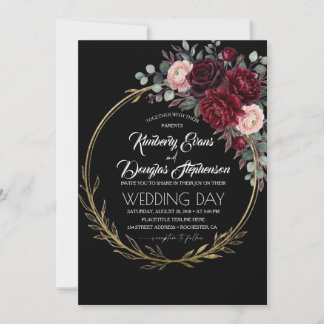 Dark Floral Gold Wedding Invitation