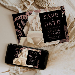 Dark Floral Ivory Rose Gold Wedding Save the Date Invitation