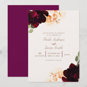 Dark Floral Marsala Cream Elegant Chic Wedding Invitation