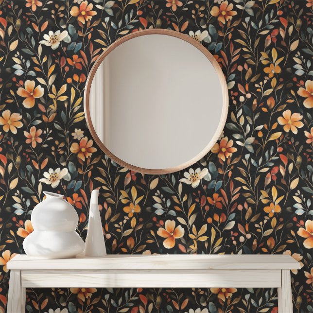 Dark Floral Midnight Garden Moody Botanical Black Wallpaper (Dark Floral Midnight Garden Moody Botanical Black Wallpaper)