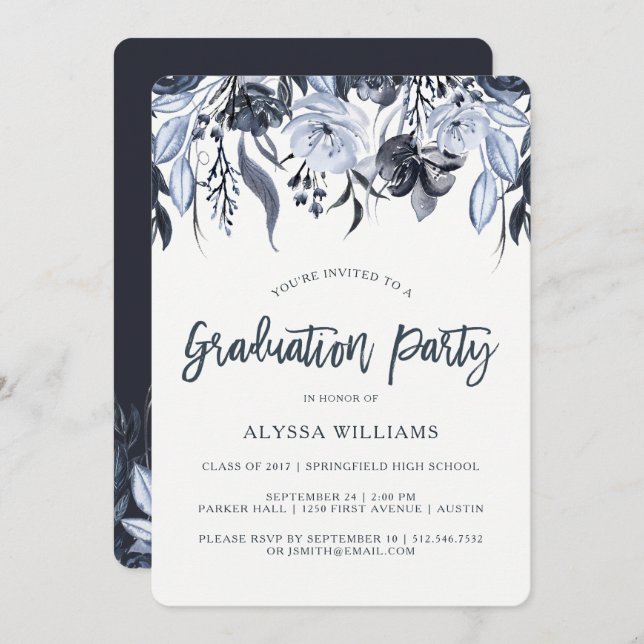 Dark Floral | Modern Watercolor Graduation Party Invitation (Front/Back)