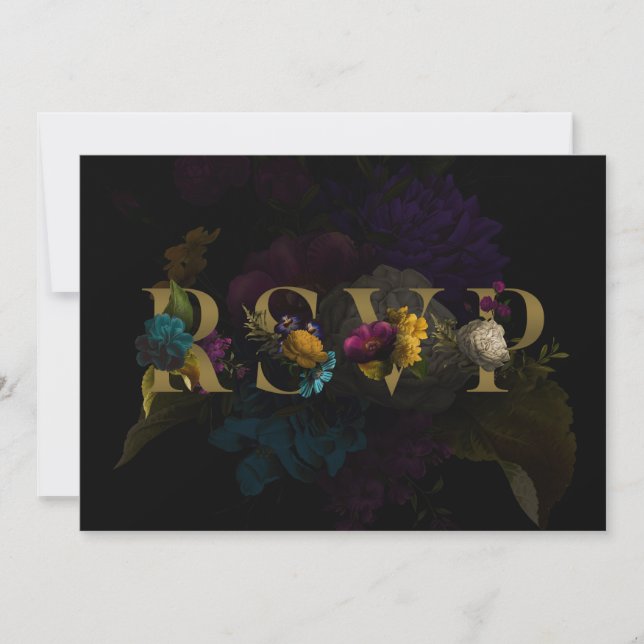 Dark Floral Moody Monogram Wedding RSVP Card (Front)