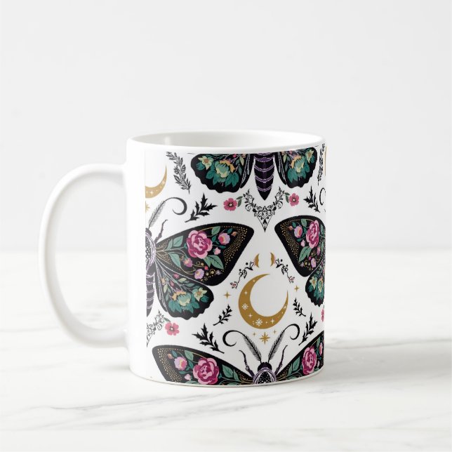 Dark Floral Moth Celestial Goth Pattern Coffee Mug (Left)