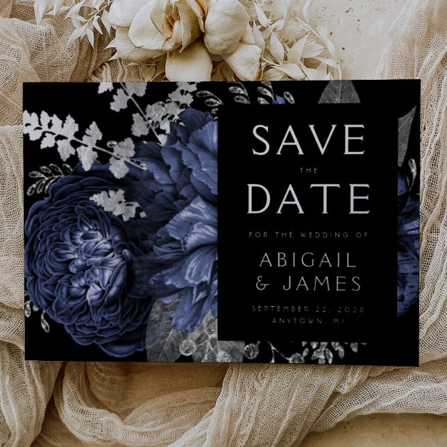 Dark Floral Navy Blue Silver Wedding Save the Date (Creator Uploaded)
