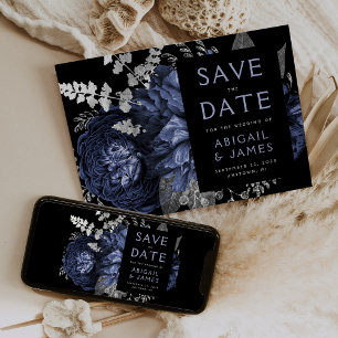 Dark Floral Navy Blue Silver Wedding Save the Date Invitation