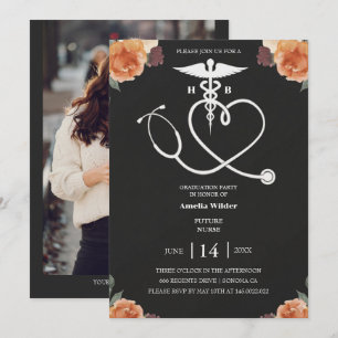 Dark Floral Nursing Graduation Invitation with Hea