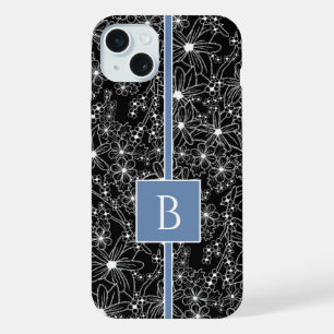 Dark Floral Pattern Black Blue Sketch Monogram iPhone 15 Plus Case