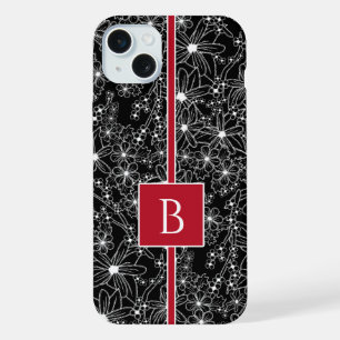 Dark Floral Pattern Black Red Sketch Monogram iPhone 15 Plus Case