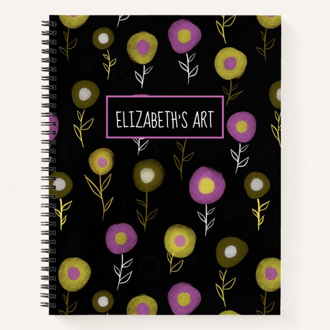 Dark Floral Pattern Girly Name Art Sketchbook Notebook (Front)