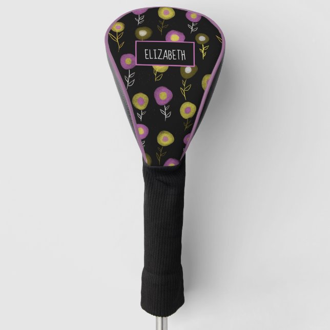 Dark Floral Pattern Girly Name Golf Head Cover (Front)
