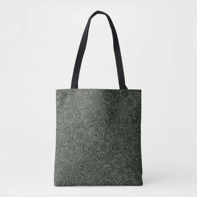 Dark Floral Pattern Olive Grey Tote Bag (Front)