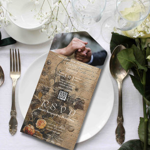 Dark Floral Peach Rose Qr Code Website Photo All In One Invitation