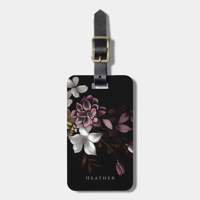 Dark Floral Personalized Name Luggage Tag (Front Vertical)